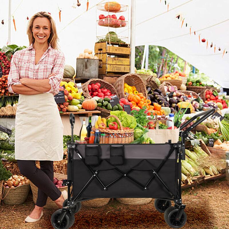 Multi-Functional Push-Pull Folding Wagon - Rotating Handle & 360° Wheels Heavy-Duty Cart, Black & Gray