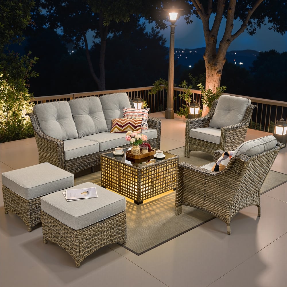 OVIOS 6 Pieces Outdoor Wicker Set With Solar-Powered Table