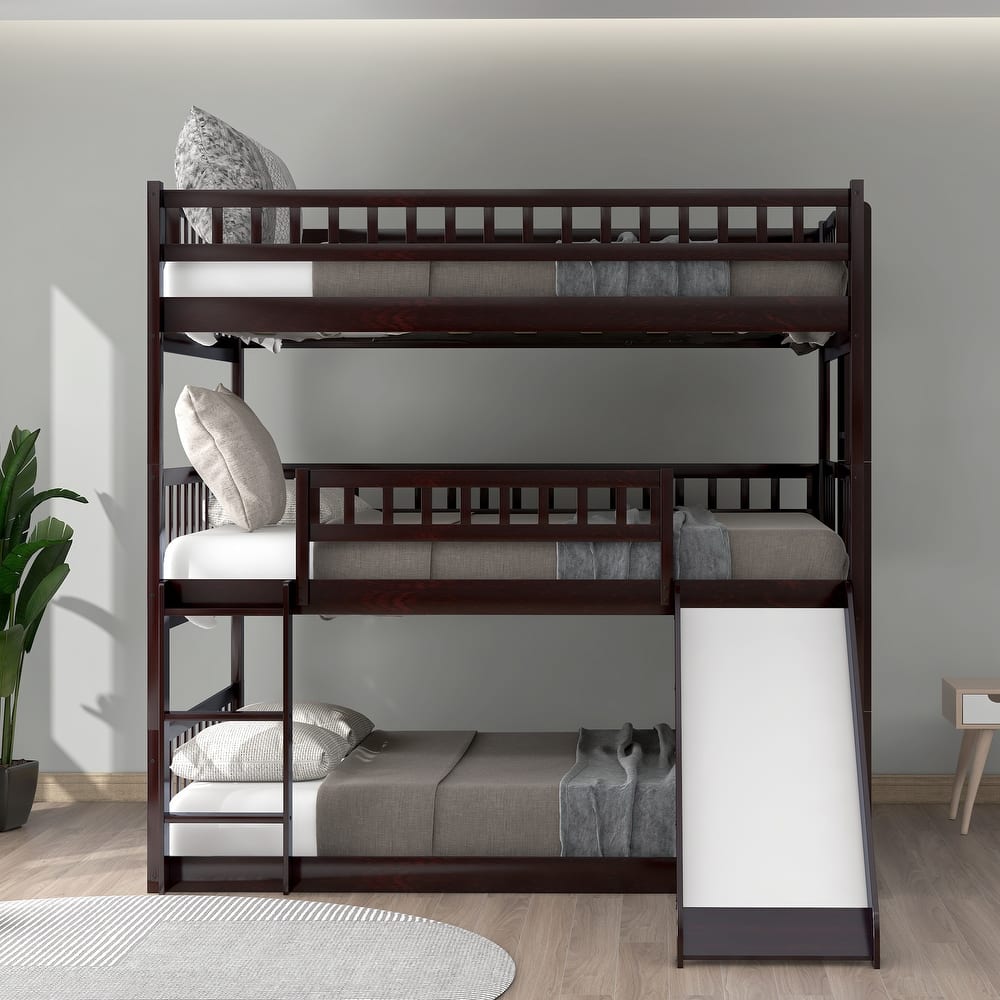 Full Size Wood Triple Bed with Ladder and Slide, Divided Into 3 Separate Beds, Full-Over-Full-Over-Full Triple Bunk Bed Frame
