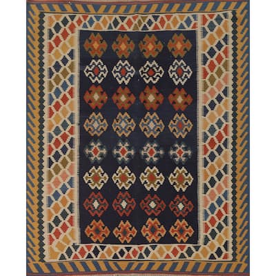 Navy Blue Kilim Qashqai Persian Area Rug Flatweave Wool Carpet - 5'0" x 6'2"
