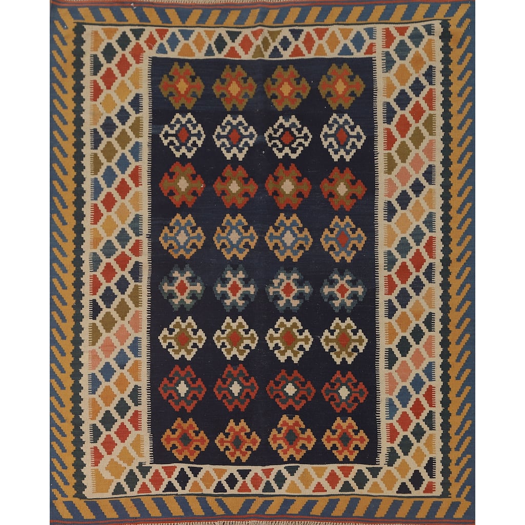 Navy Blue Kilim Qashqai Persian Area Rug Flatweave Wool Carpet - 5'0" x 6'2"