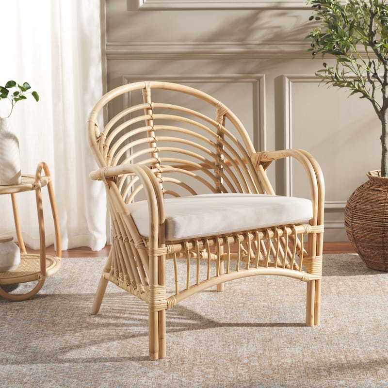 SAFAVIEH Aragorn Boho Coastal Solid Wood Accent Chair with Cushion - 27"W x 27"D x 32"H