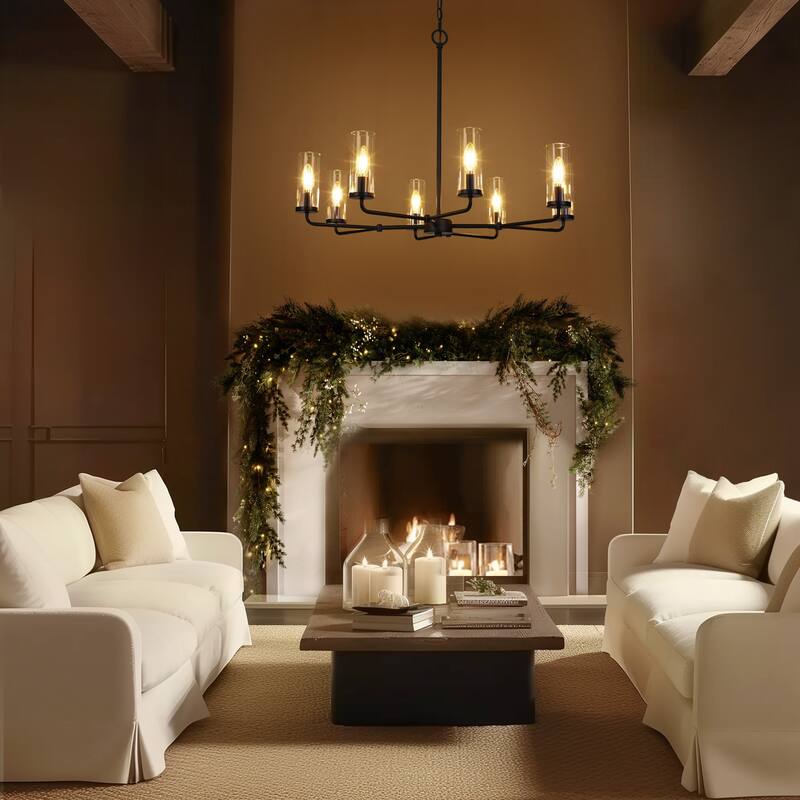 Modern Farmhouse 8-Light Black Wheel Chandelier with Glass Shade for Dining Living Room - D 31.5" x H 24"