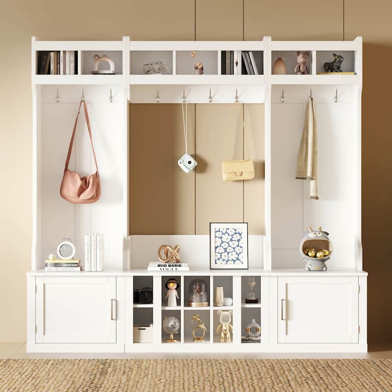 Wide Design Hall Tree with Storage and Bench, 4-IN-1 Multi-functional Entryway Bench with Coat Rack and Shoe Cubbies - White