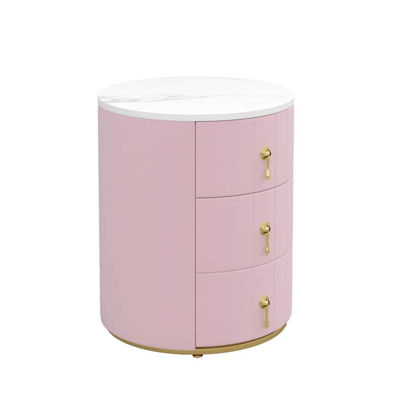 Round Nightstand with 3 Drawers, Velvet Upholstered Storage Cabinet, Sofa Side Table with Marble Table Top & Metal Legs