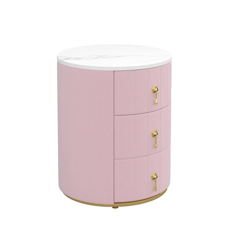 Upholstered Nightstand With 3 Drawers, Round Bedside Table With Metal Handles,Marbling Stickers Top Night Table