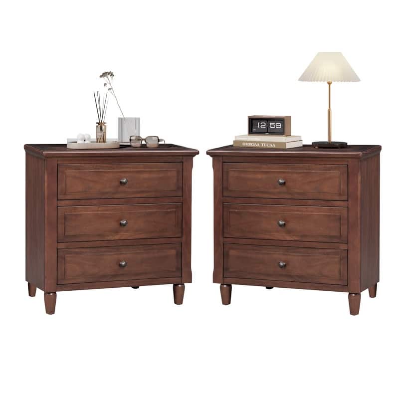 Elegant 3-Drawer Nightstand (Set of 2) Storage Cabinet Crafted from Solid Wood for Bedroom Organization