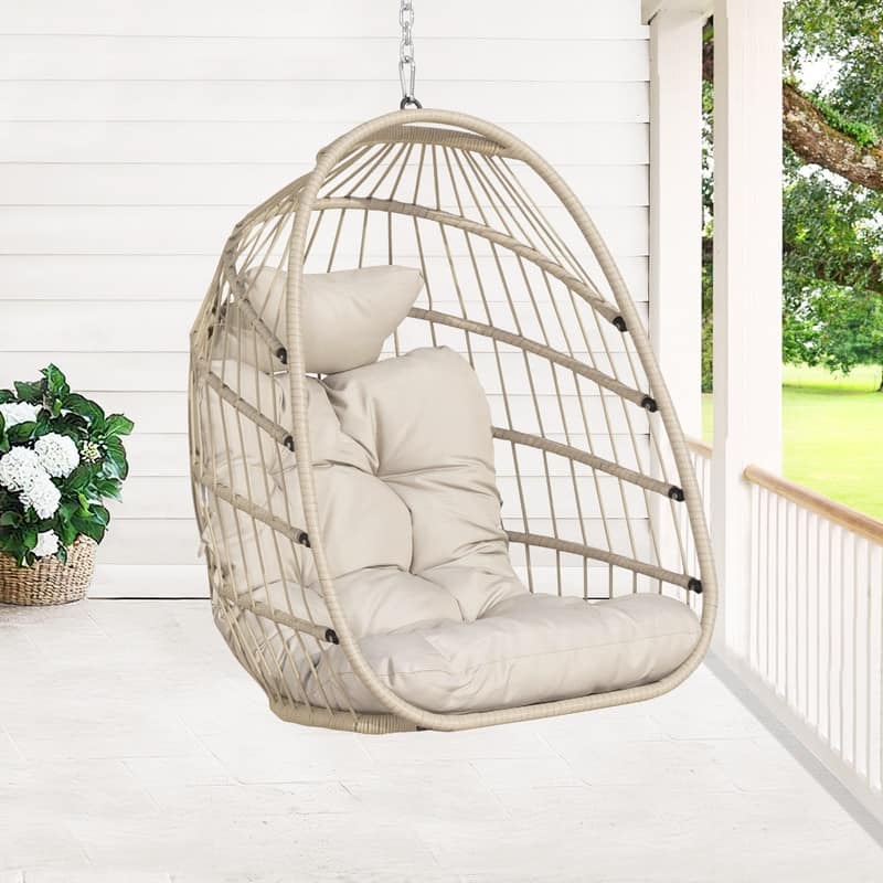 Indoor Hanging Egg Chair Without Stand, 350 lbs Capacity, Wicker Egg Swing Chair with Cushion for Living Room and Bedroom - Beige