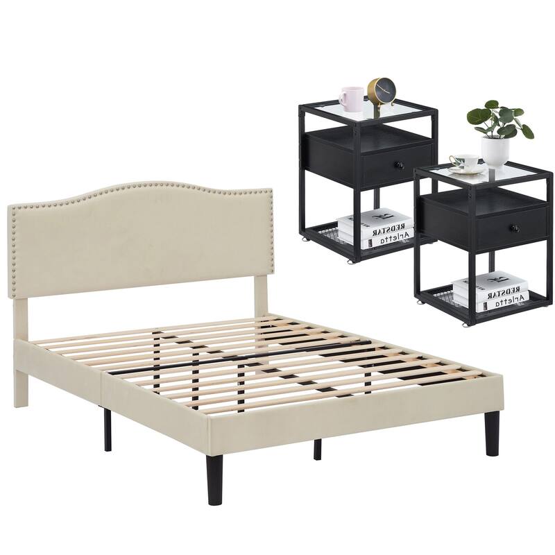 VECELO, Five Colors, 3-Pieces Upholstered Platform Bed Frame with Adjustable Headboard and Nightstands Set of 2 - Beige - Full