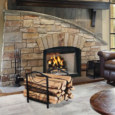 PHI VILLA 16 Inch Firewood Log Rack Decorative Indoor/Outdoor Steel Fireplace Wood Holder Storage Brackets Holder, Black Wave