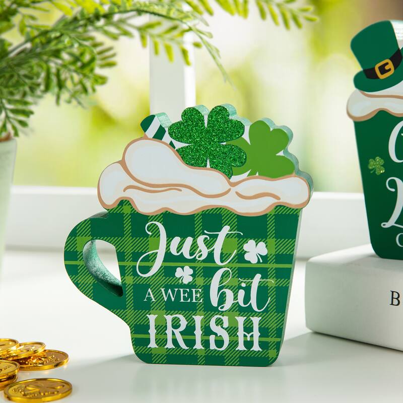 Glitzhome St Patrick's Epoxy Wooden Shamrock Leprechaun Pot of Gold Coffee Cup Table Decor