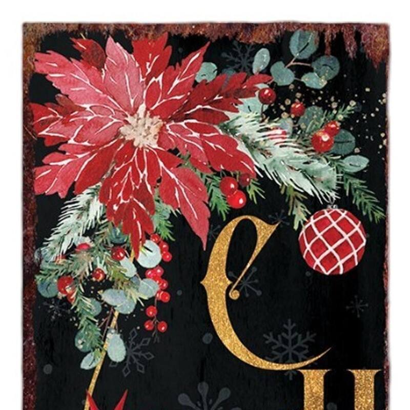 HomeRoots 36" Black Gold Green And Red Solid Wood Poinsettia Merry Christmas Porch Sign
