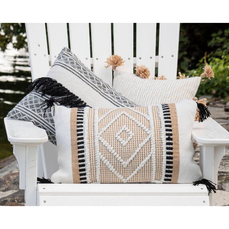 Foreside Home & Garden Diamond Motif Hand Woven 14x22" Outdoor Decorative Throw Pillow with Hand Tied Tassels
