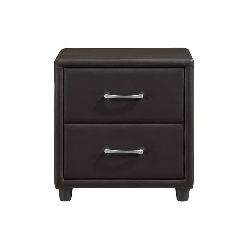 Contemporary 2-Drawer Nightstand with Silver Tone Bar Pulls and Faux Leather Upholstery