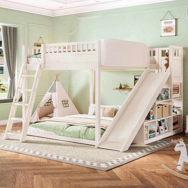 Minimalist Wood Loft Bed Frame with Upholstered Headboard, Storage Open Shelves, Safety Guardrails, Ladder and Slide for Kids