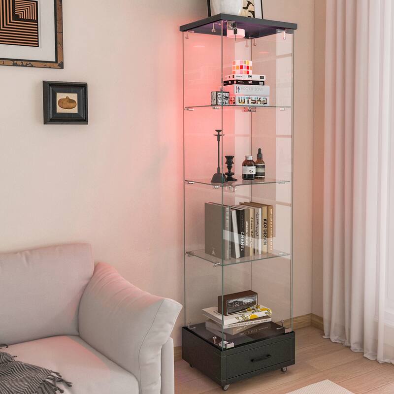 Glass Display Cabinet With Drawer,Cabinet With Led Lights,Tempered Glass Bookshelf, 1-Door Storage Case With 4 Shelves