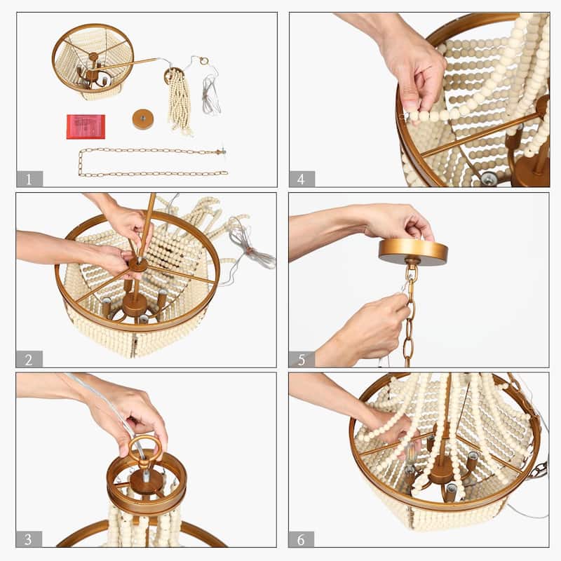 Luxury Empire Wood Beaded Chandeliers Boho Distressed White Vintage Glam Gold Decor Ceiling Lighting Bedroom - D 16.5'' x H 86''