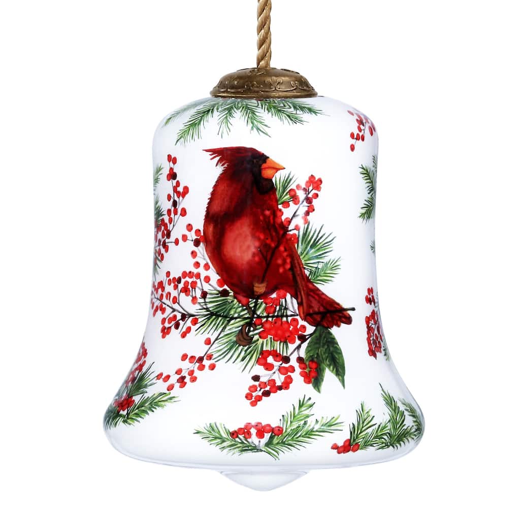 Cardinal Perched on Winter Berries Hand Painted Mouth Blown Glass Ornament - 4" x 3" x 3"