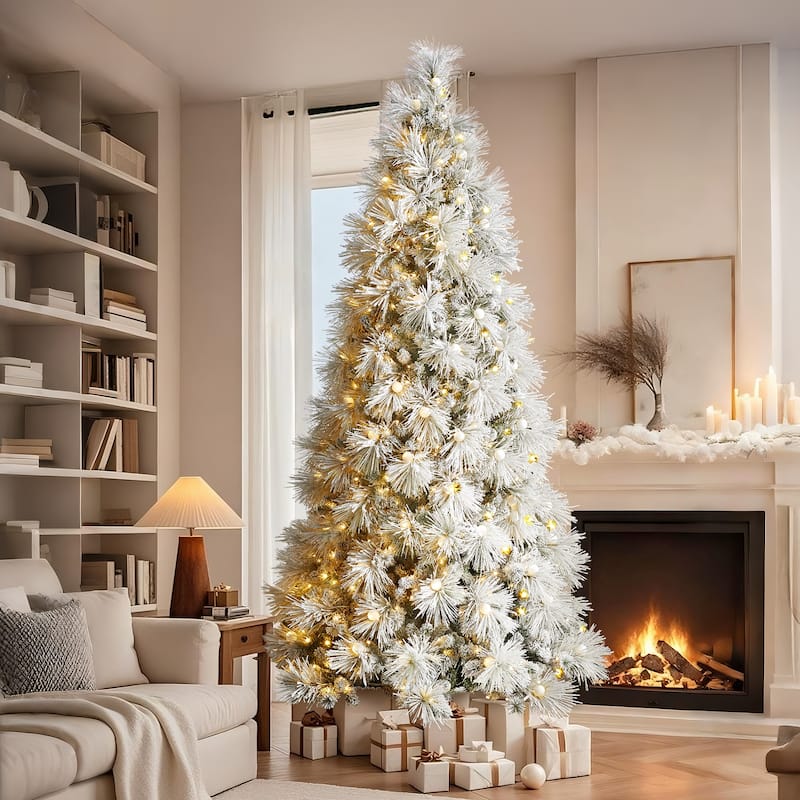 Glitzhome 7.5FT/9FT Pre-Lit Flocked Snowy Full Pine Artificial Christmas Tree with Warm White Globe Lights & Foot Switch