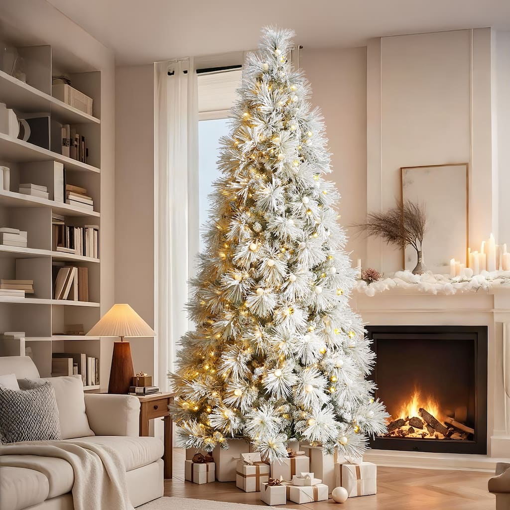 Glitzhome 7.5FT/9FT Pre-Lit Flocked Snowy Full Pine Artificial Christmas Tree with Warm White Globe Lights & Foot Switch