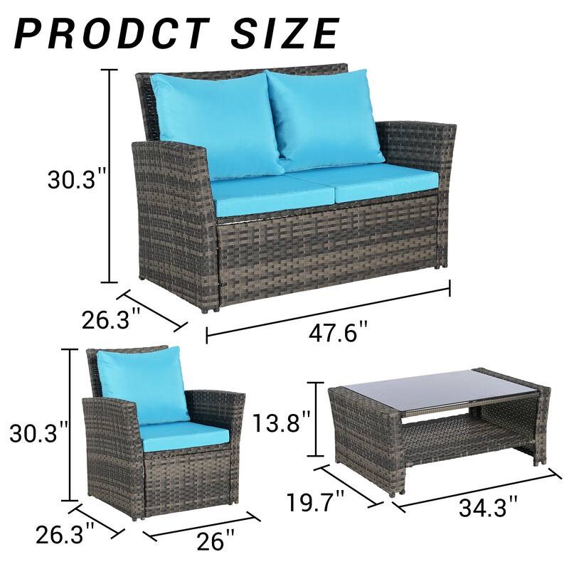 4-Piece Outdoor Patio Rattan Conversation Sofa Set with Tempered Glass Coffee Table