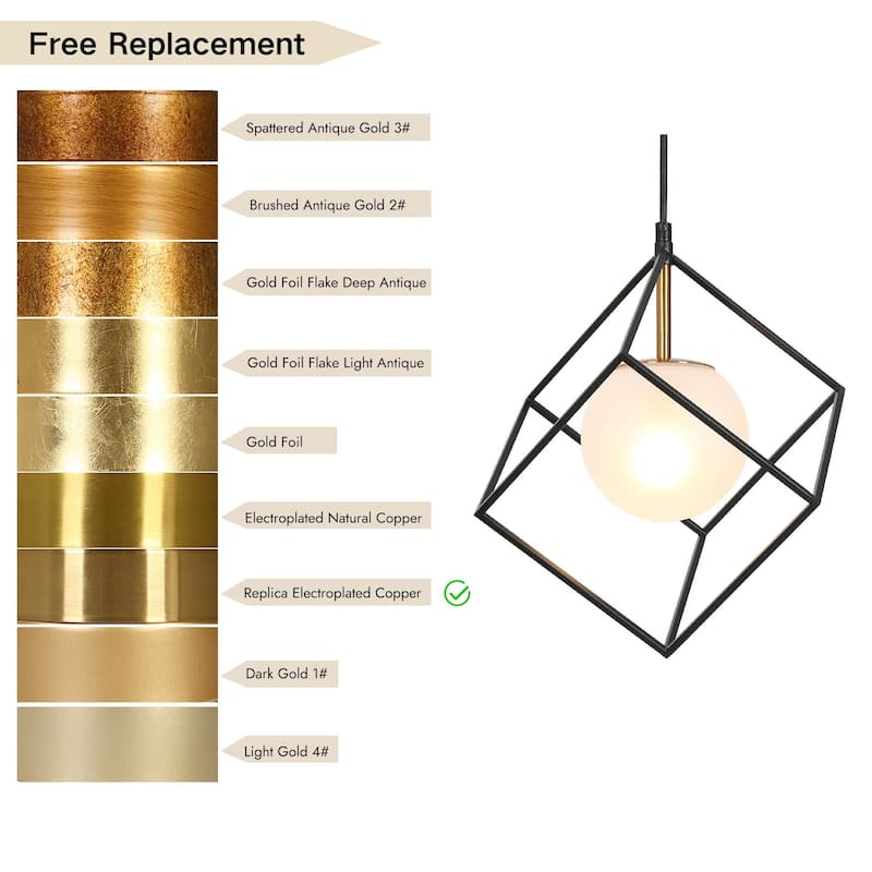 Ottilie Modern Black Gold 1-Light Cage Kitchen Island Pendant Lights with Frosted Glass - L 11" x W 11" x H 14.5"
