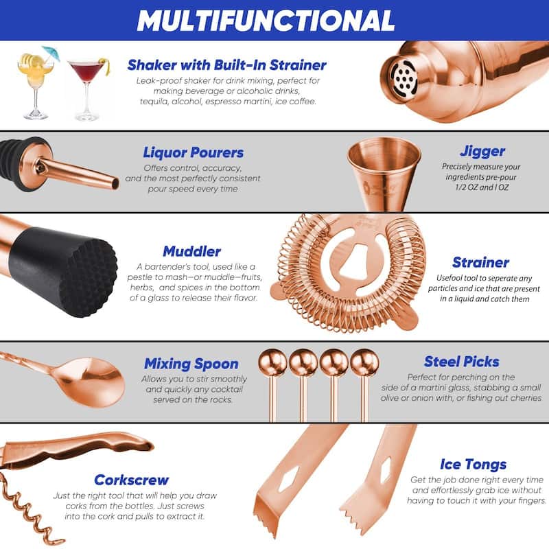 14 Piece Rose Gold Mixology Bartender Kit with Bamboo Stand - N/A