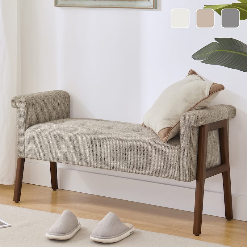 Modern Fabric Upholstered Entryway Storage Bench with Wooden Legs and Armrests