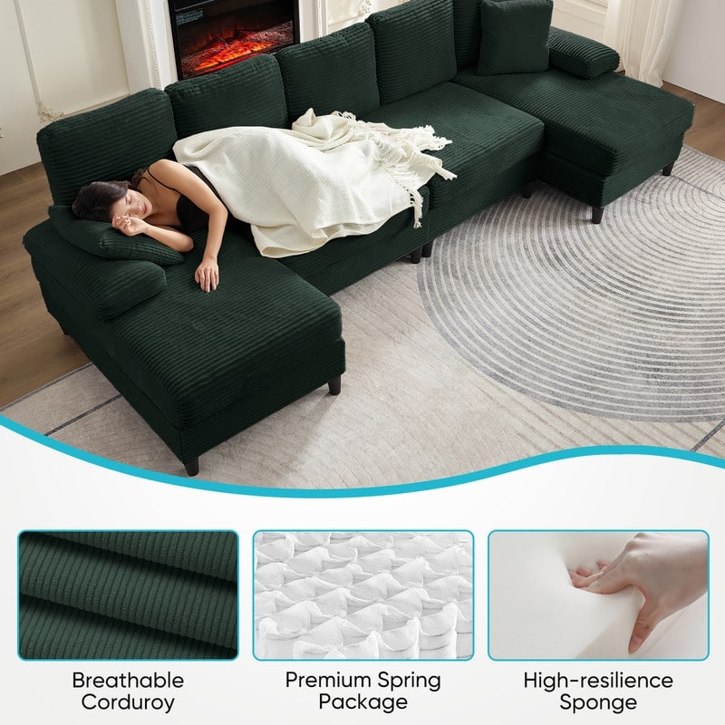 Mixoy W112inch Upholstered 5-Seater Sectional Sofa Couch,Corduroy Large U-Shaped Sofa with Double Chaises and Sleepable Armrests