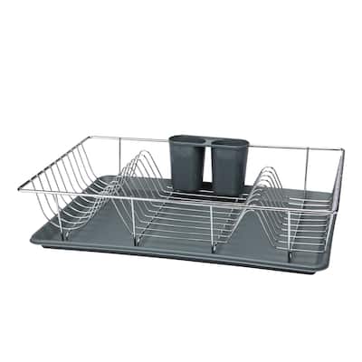 Kitchen Details 3 Piece Chrome Dishrack with Tray in Grey - 19"x12"x4"