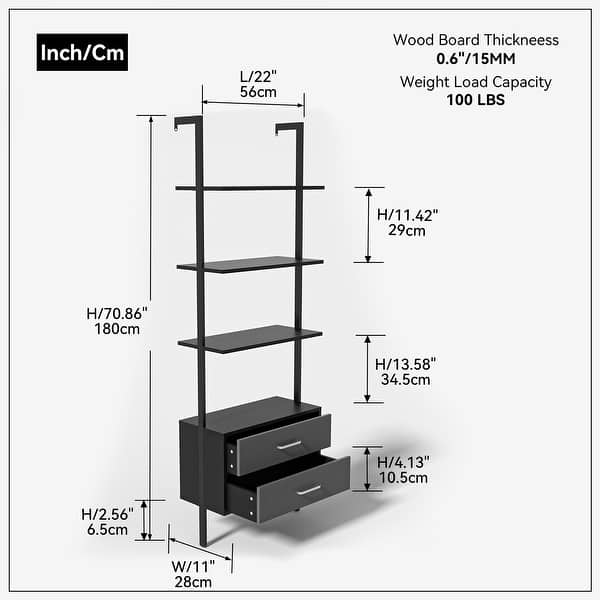 Vertical Open Ladder Bookcase with 2 Drawers, Office Wall Mount
