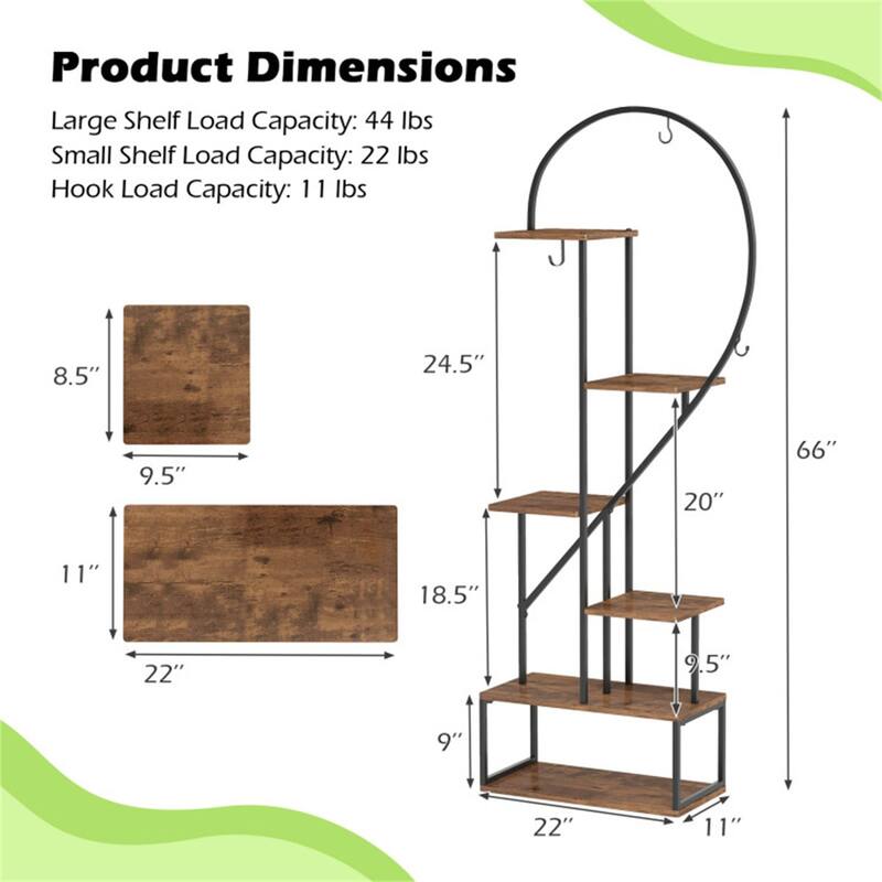2 Pieces 6-Tier Flower Display Stand with Hooks and Heart-Shaped Plant Shelves for Home Decor - 22" x 11" x 66"