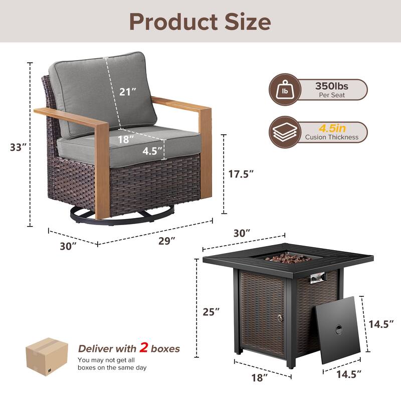 Meyreso 3-Piece Wicker Swivel Glider Metal Fire Pit Set with Plush 4.5" Olefin Cushions