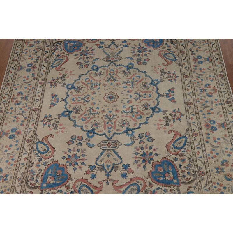 Floral Tabriz Persian Area Rug Traditional Beige Handmade Wool Carpet - 8'1"x 10'11"