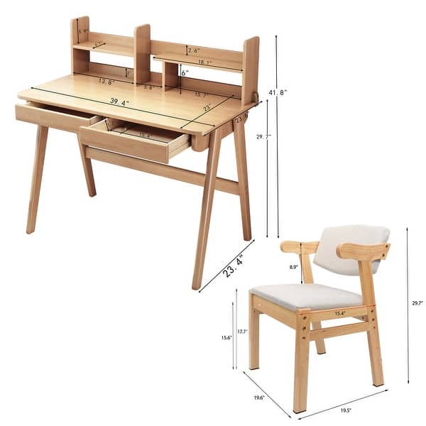 dimension image slide 3 of 4, Kids Desk and Chair Set with Hutch, Wooden Study Desk for Bedroom