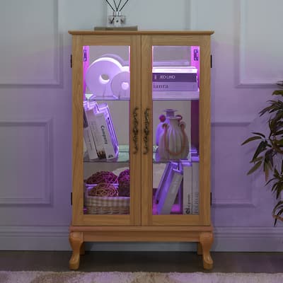 Cabinet with Tempered Glass Doors, LED Light, Mirrored Back Panel & Adjustable Shelves - Display Storage for Home & Office