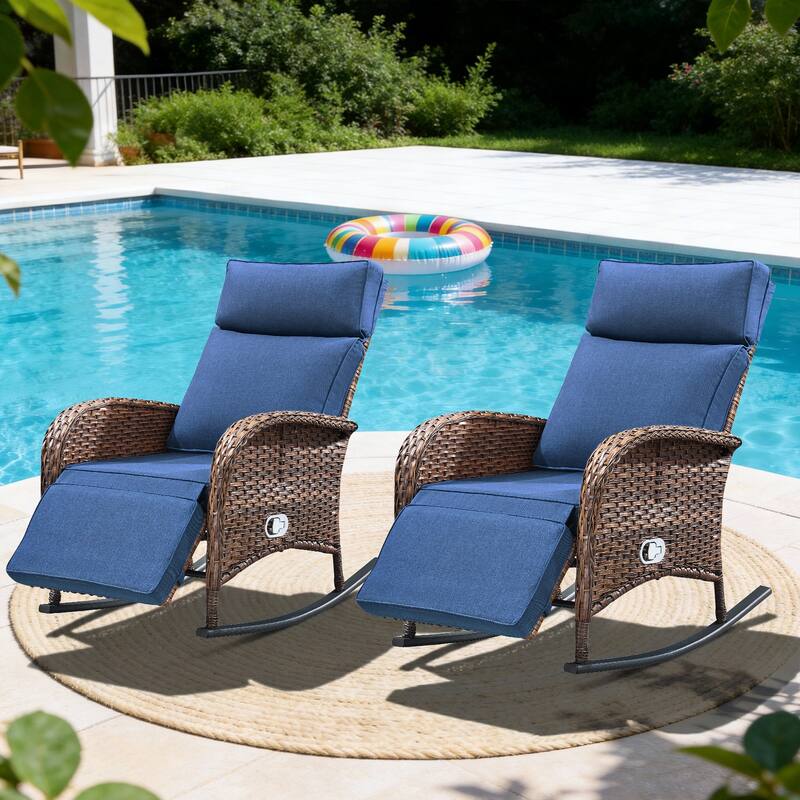 Pocassy Patio Rocker Chaise Lounge Chairs with Adjustable Backrest Set. - Brown Wicker with Blue Cushion - 2 Piece Rocker Recliner Chair