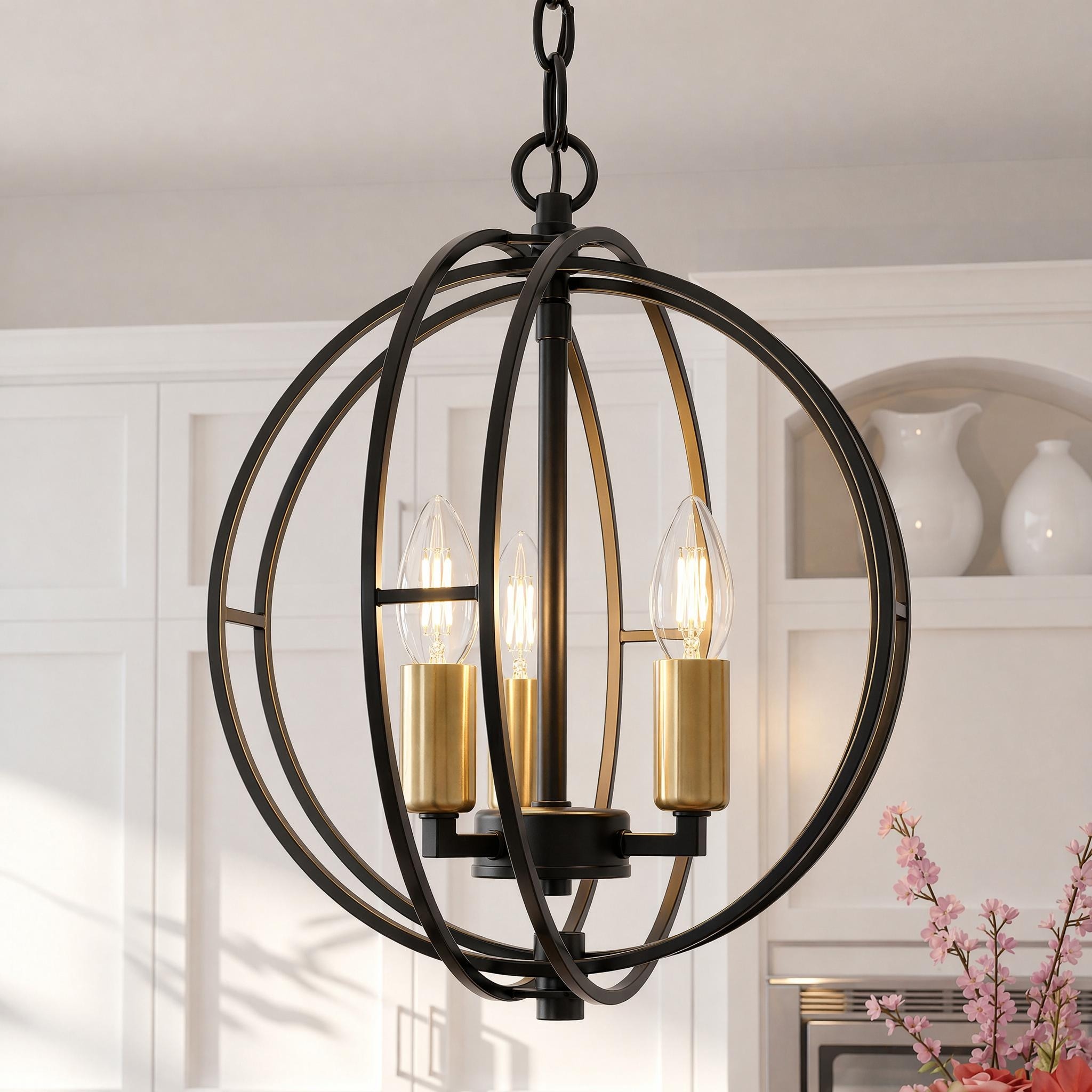 3-Light Black Globe Chandelier Candlestick Pendant Chandelier for Kitchen Dining Room