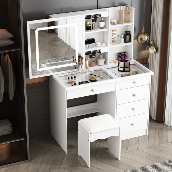 Elegant Makeup Vanity Crystal Accent Lighting Mirror Glass Top Dresser - White Elegant Makeup Vanity Crystal Accent Lighting Mirror Glass Top Dresser - White