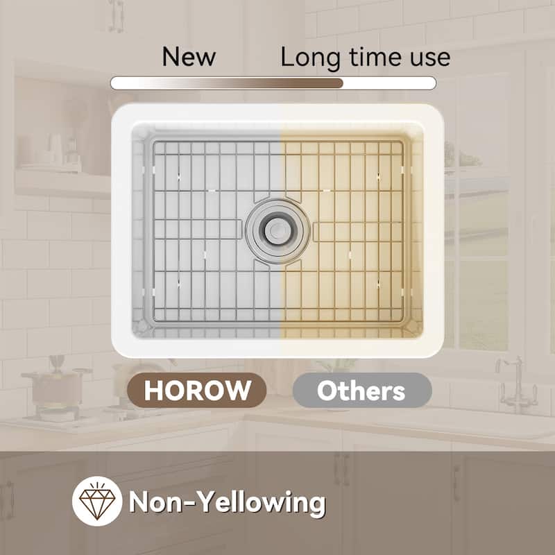 HOROW Undermount Fireclay 24 in. Single Bowl Kitchen Sink with Bottom Grid and Strainer in White
