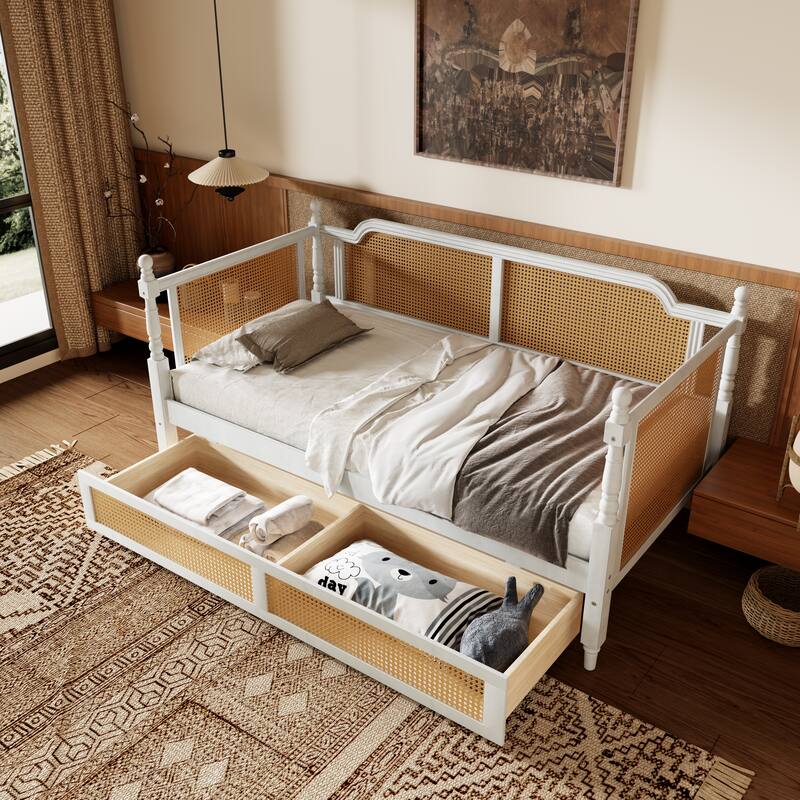 Twin/Full Rattan Bed Frame with 2 Storage Drawers & Curved Headboard, Wood Bedframe Daybed for Limited Space, Bedroom Guest Room