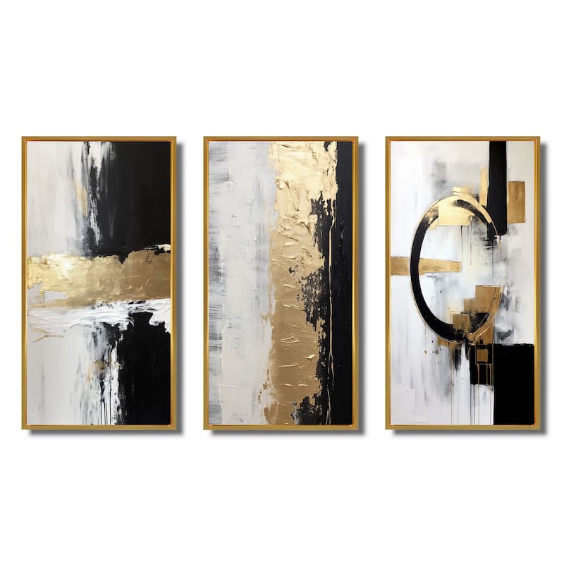 Designart "Horizontal Dimensions Abstract Gold Black" Abstract Painting Frame Gallery Set Of 3 For Office Decor