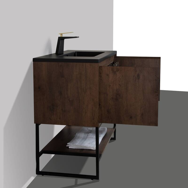 Freestanding Bathroom Vanity Set in Rose Wood with Integrated Solid Surface Sink