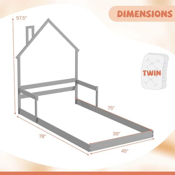 dimension image slide 1 of 3, Costway Twin Size Floor Bed for Kids with Chimney Headboard & Handrail