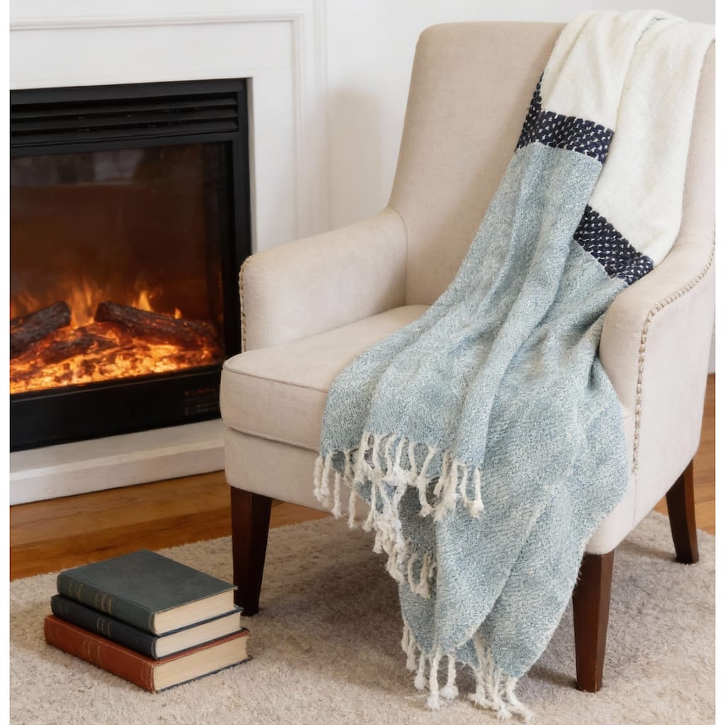 HomeRoots 50" X 60" Blue And Ivory Cotton Woven Color Block Throw Blanket with Fringe