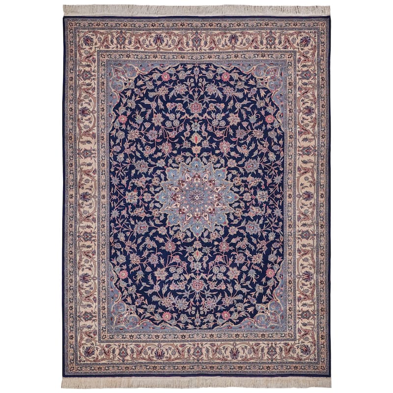 EXQUISITE RUGS ONE-OF-A-KIND Super Fine Isfahan Hand Knotted Navy/Beige Rug - 8'3"x11'2"