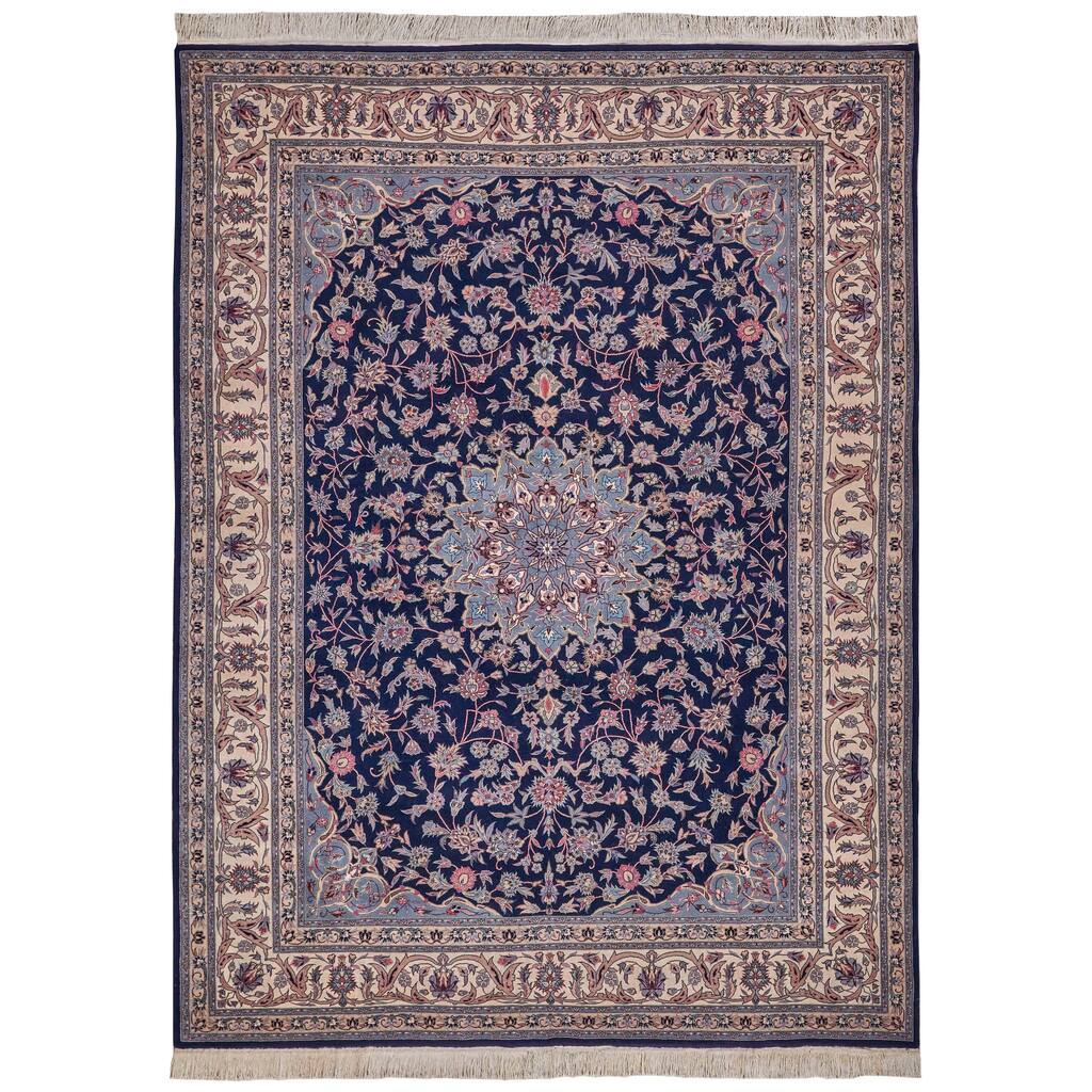 EXQUISITE RUGS ONE-OF-A-KIND Super Fine Isfahan Hand Knotted Navy/Beige Rug - 8'3"x11'2"