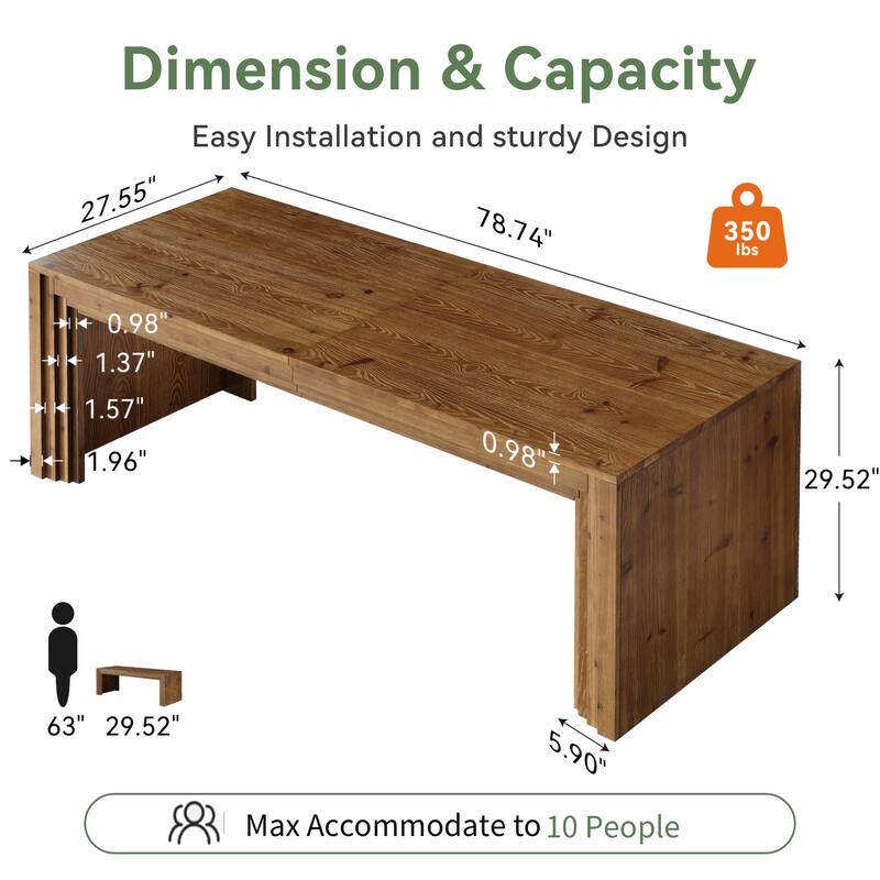 79 Inch Solid Wood Dining Table for 6/8/10, Farmhouse Rectangular Kitchen Table - 78.74" L x 27.56" W x 29.52" H
