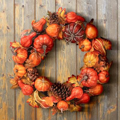 24" Waterproof Pumpkin/Goard Maple Leaf Wreath - 24-Inches