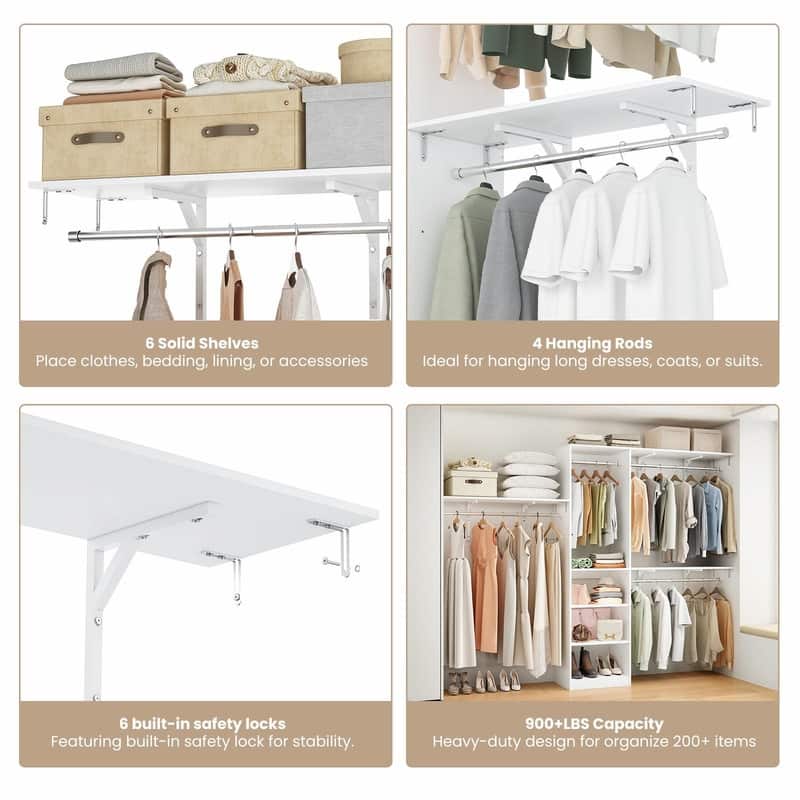 Heavy-Duty Wood Walk-In Closet Organizer - Adjustable Wardrobe System with 4 Hanging Rods & 5 Shelves for 8 ft Spaces